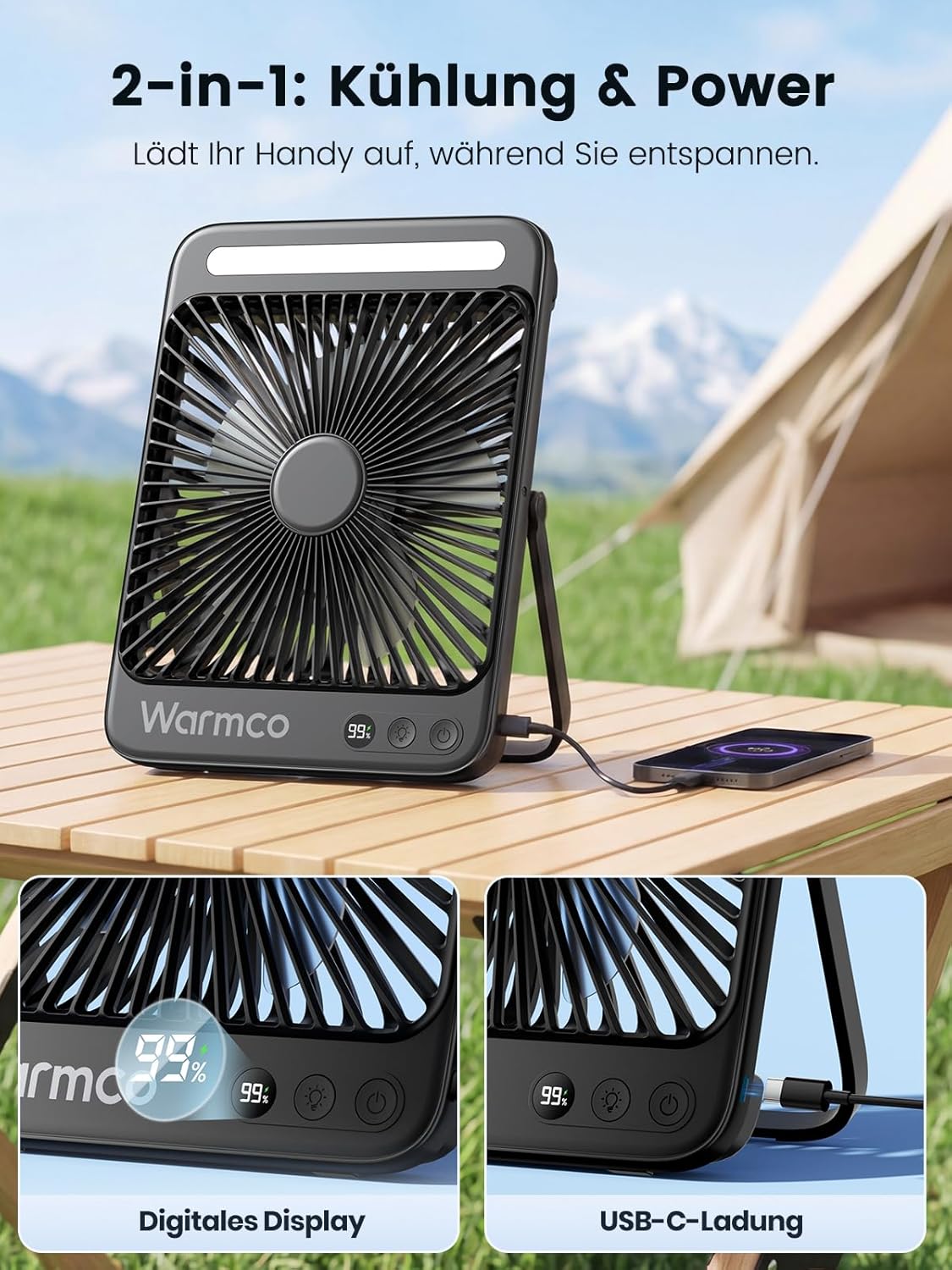 Warmco 20000mAh Akku Camping Ventilator Leise 27cm mit Lampe – Bild 6