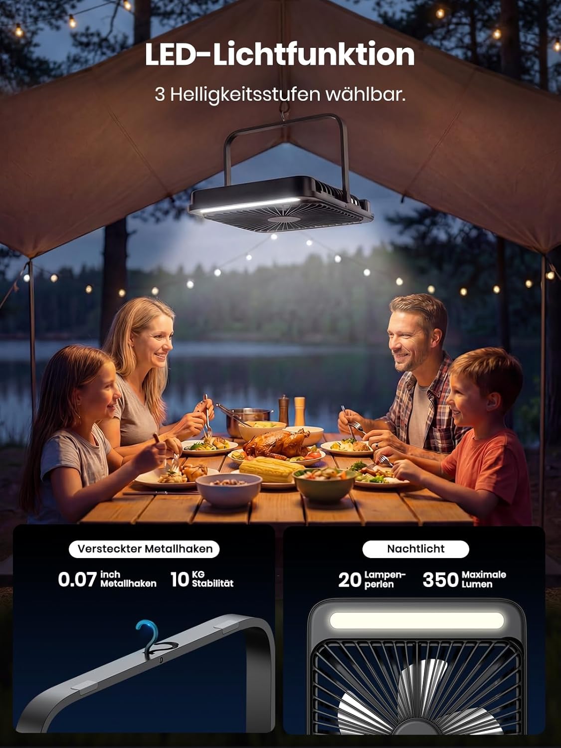 Warmco 20000mAh Akku Camping Ventilator Leise 27cm mit Lampe – Bild 3