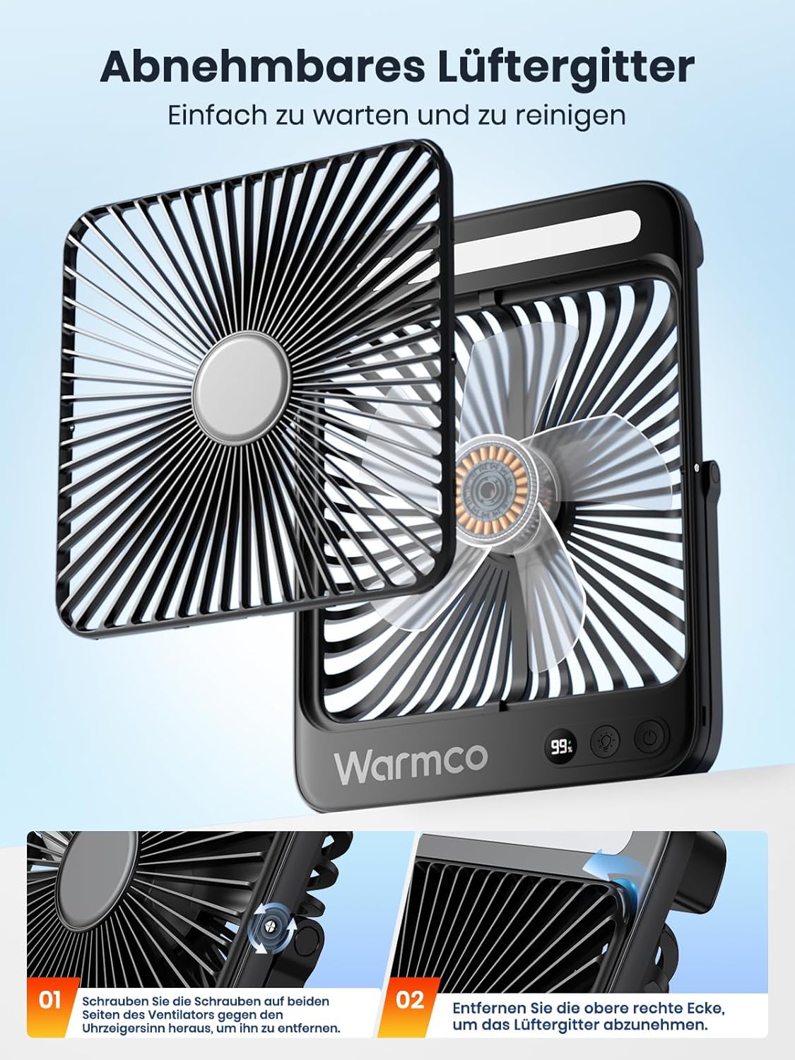 Warmco 20000mAh Akku Camping Ventilator Leise 27cm mit Lampe – Bild 8