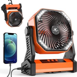 KITWLEMEN 20.000 mAh batteriebetriebener Campingventilator - max. 58 Stunden Kühlung, wiederaufladbarer, batteriebetriebener Tischventilator mit 4 Geschwindigkeiten, helles Licht und Haken
