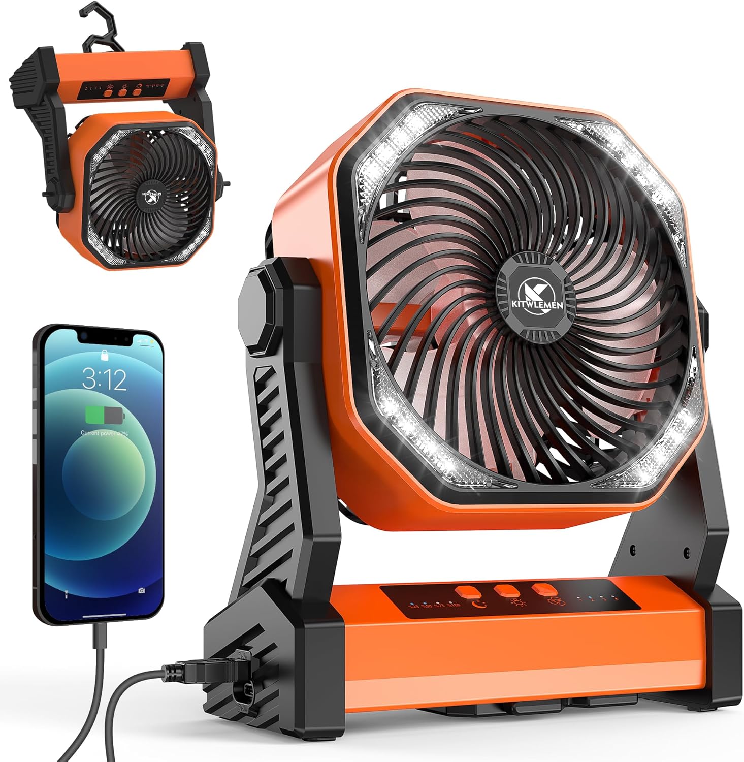 KITWLEMEN 20.000 mAh batteriebetriebener Campingventilator - max. 58 Stunden Kühlung, wiederaufladbarer, batteriebetriebener Tischventilator mit 4 Geschwindigkeiten, helles Licht und Haken
