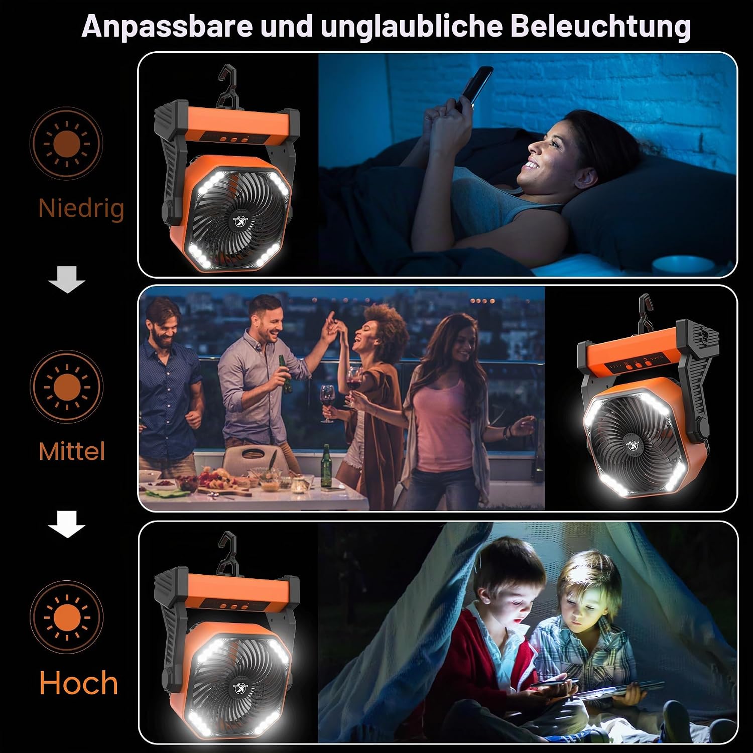 KITWLEMEN 20.000 mAh batteriebetriebener Campingventilator - max. 58 Stunden Kühlung, wiederaufladbarer, batteriebetriebener Tischventilator mit 4 Geschwindigkeiten, helles Licht und Haken – Bild 4