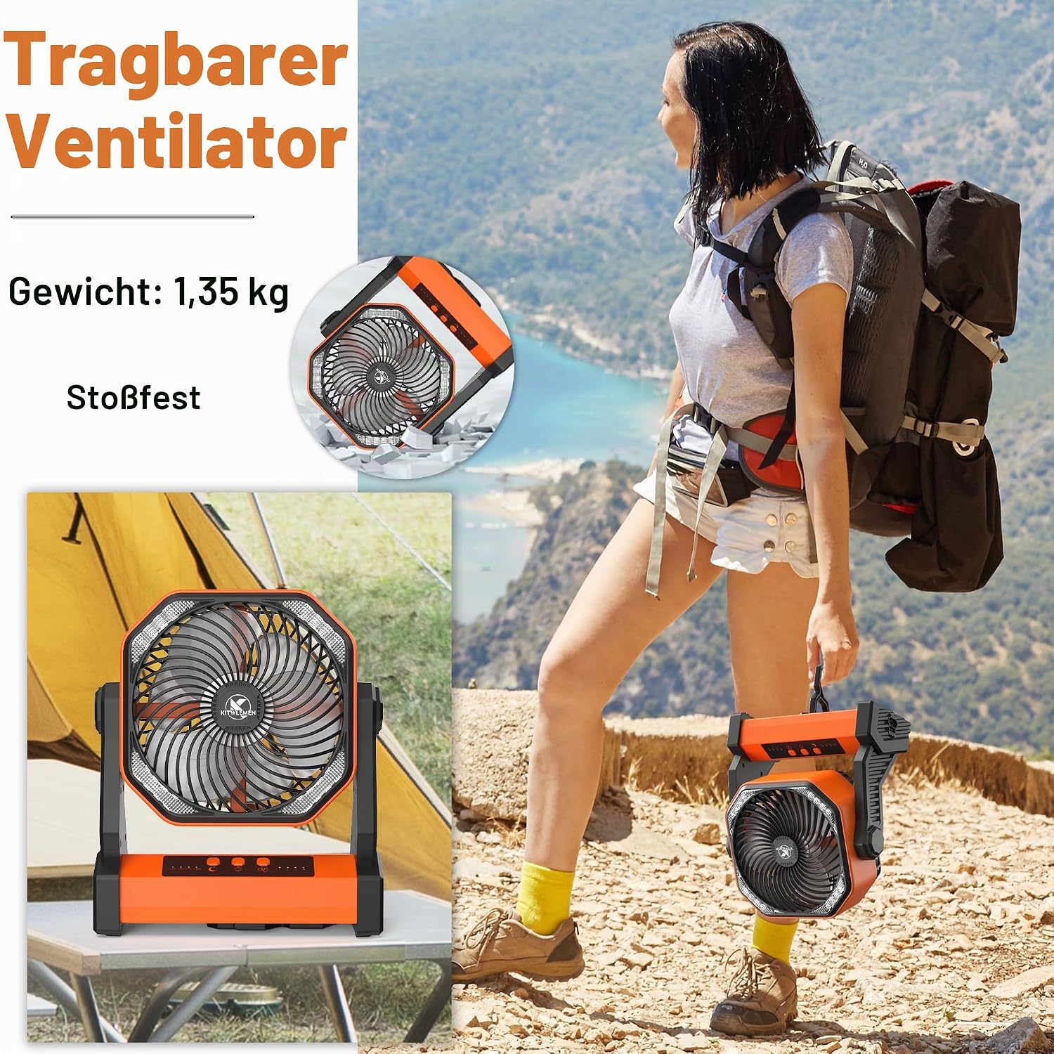 KITWLEMEN 20.000 mAh batteriebetriebener Campingventilator - max. 58 Stunden Kühlung, wiederaufladbarer, batteriebetriebener Tischventilator mit 4 Geschwindigkeiten, helles Licht und Haken – Bild 6