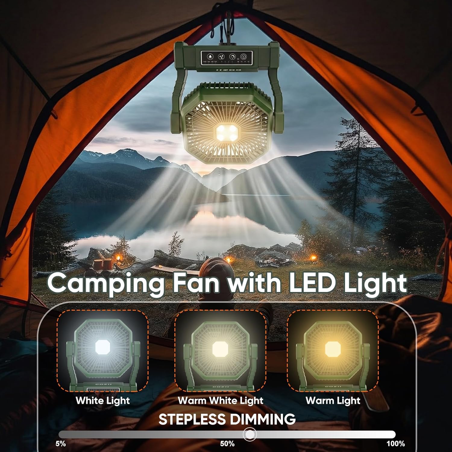 COZII Camping Ventilator, 20000mAh Tragbarer Ventilator Akku mit LED Licht & Fernbedienung – Bild 6