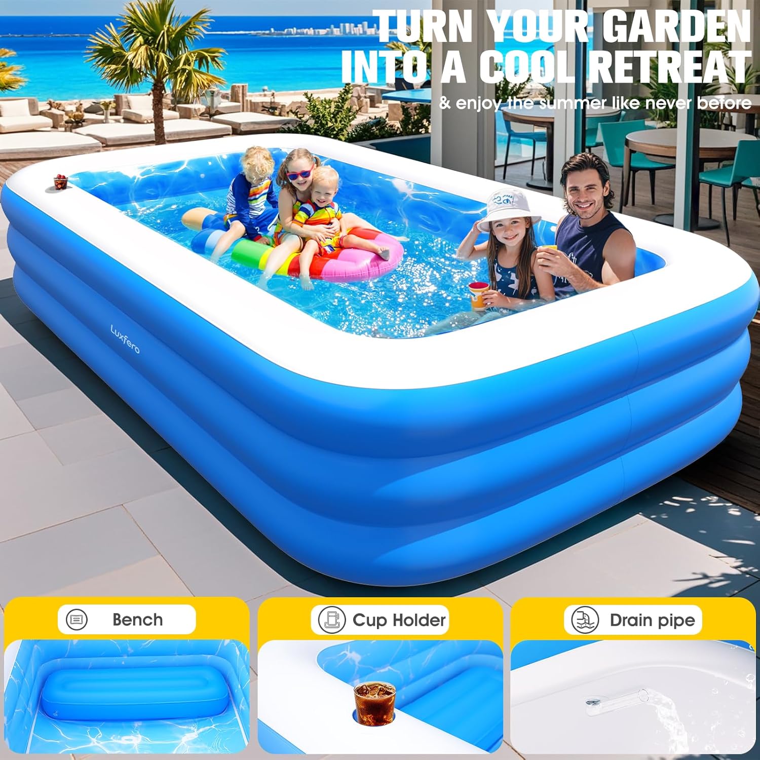 Luxfero Aufblasbarer Pool Erwachsene mit Sitz und Poolbeleuchtung – Bild 4