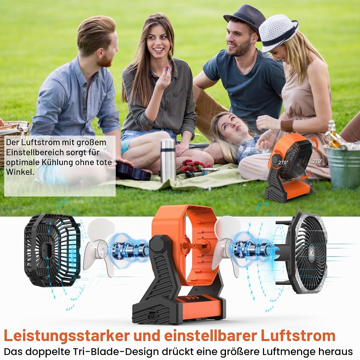 KITWLEMEN 20.000 mAh batteriebetriebener Campingventilator - max. 58 Stunden Kühlung, wiederaufladbarer, batteriebetriebener Tischventilator mit 4 Geschwindigkeiten, helles Licht und Haken – Bild 3