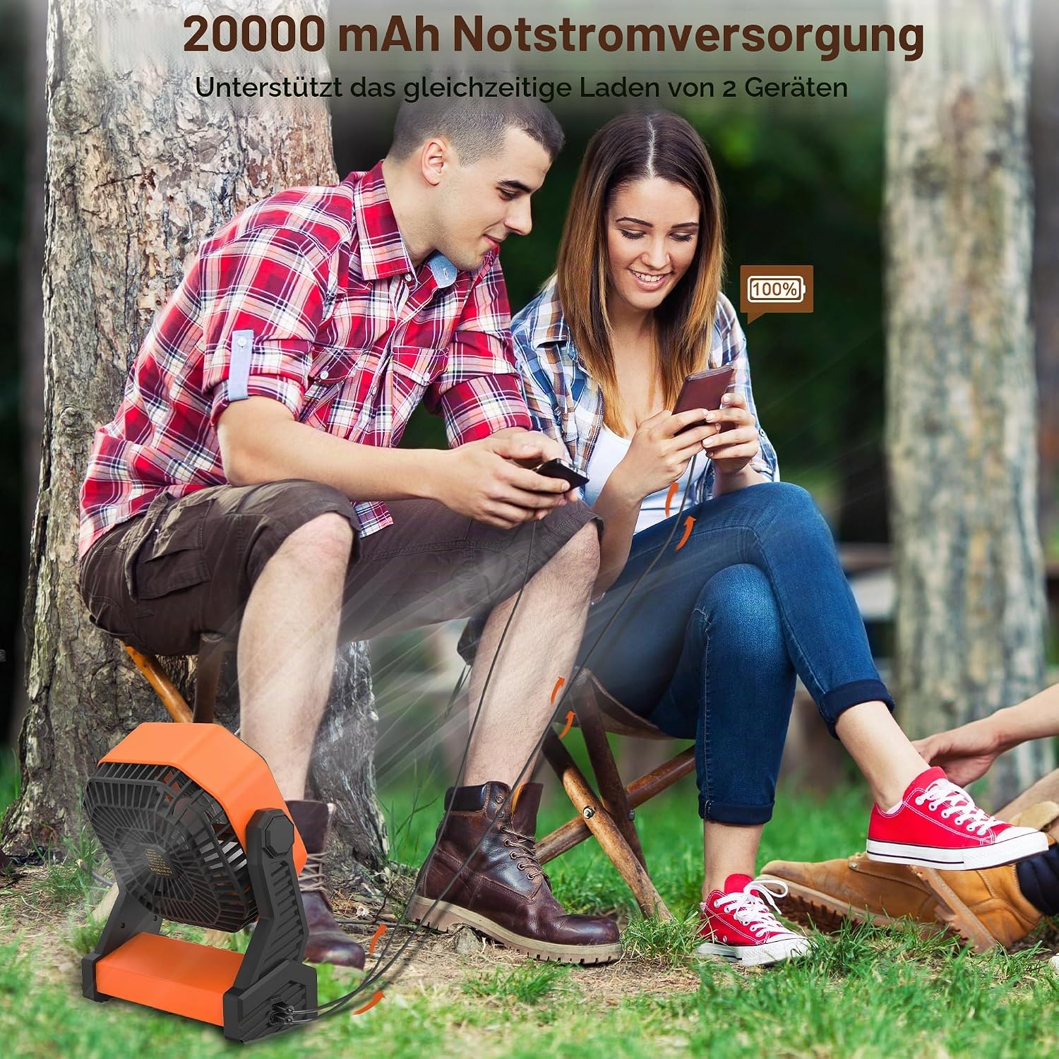 KITWLEMEN 20.000 mAh batteriebetriebener Campingventilator - max. 58 Stunden Kühlung, wiederaufladbarer, batteriebetriebener Tischventilator mit 4 Geschwindigkeiten, helles Licht und Haken – Bild 5